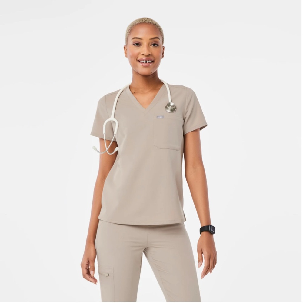 Figs Beige Scrub Set with Teal Accent